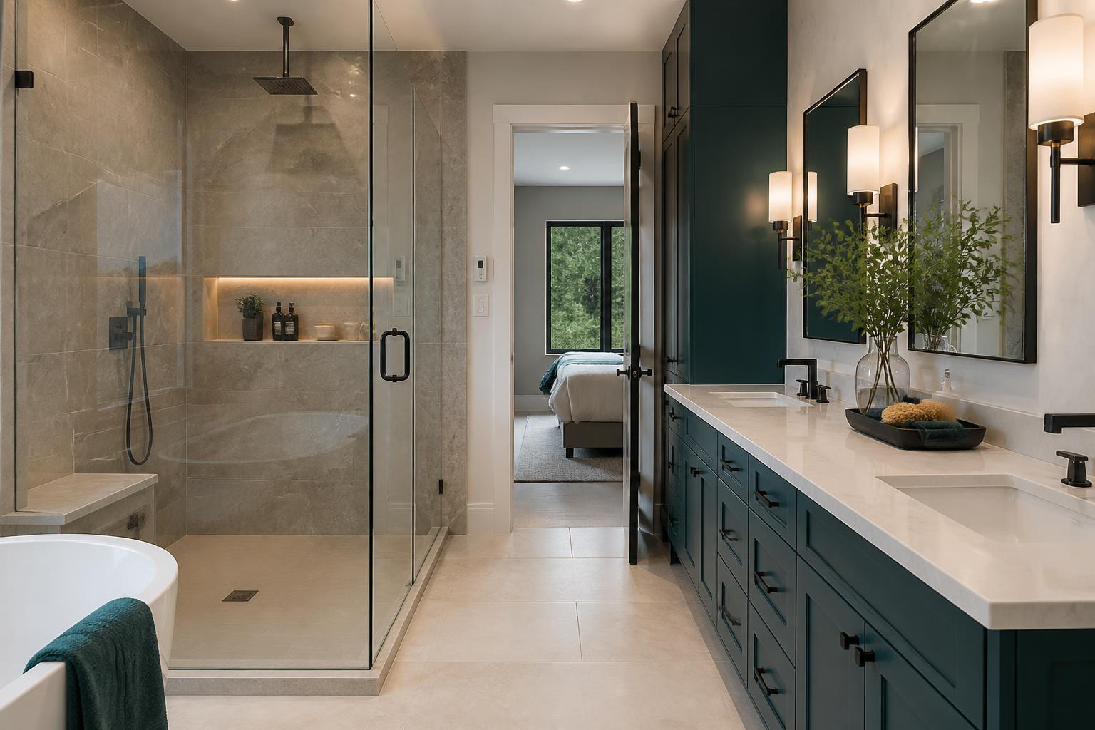 Modern bathroom remodel with walk-in glass shower and deep teal vanity