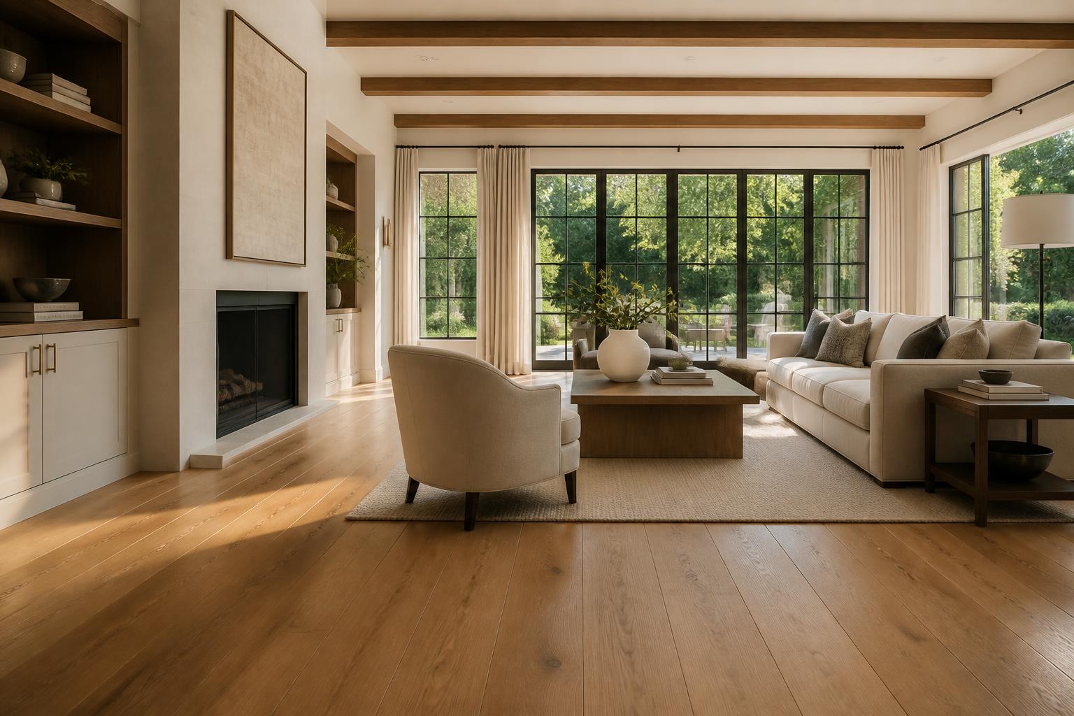 Beautiful wide-plank hardwood flooring in a bright, modern Tampa Bay living room